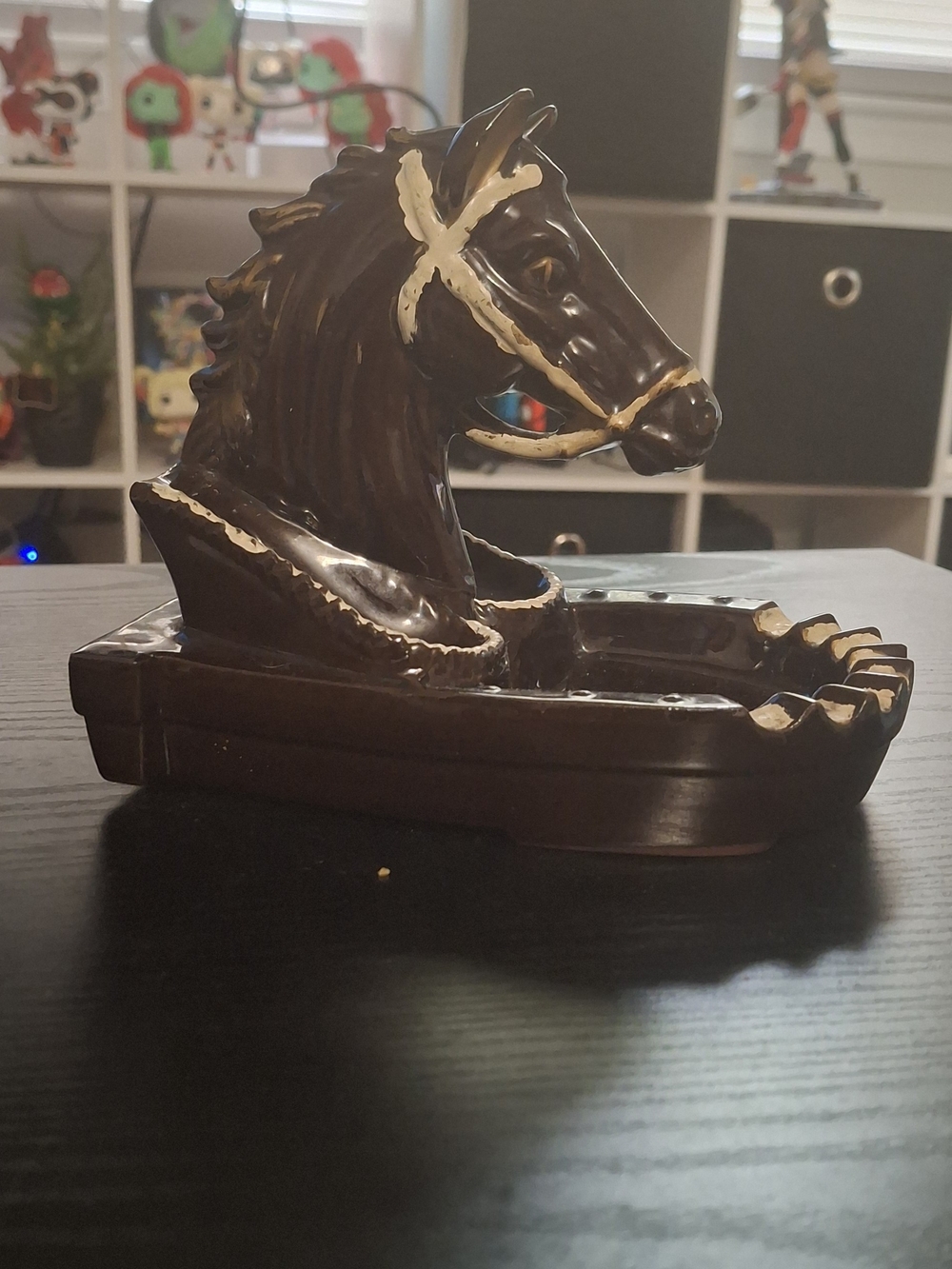 Brown Ceramic Horse Head Ashtray with Gold Accents